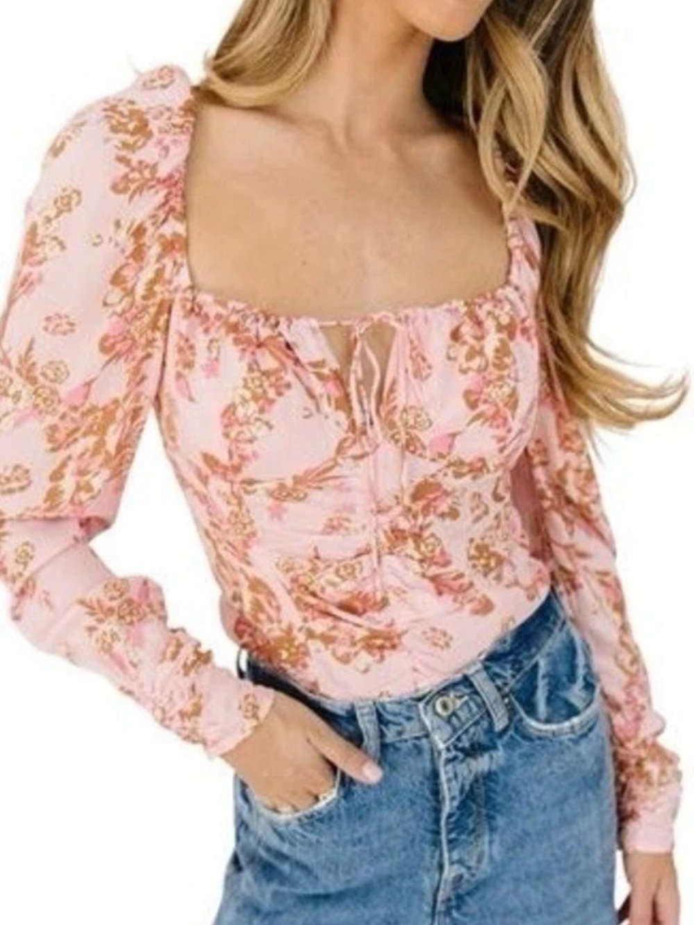Free People Pink Floral Ruched Back Tie Crop Blouse